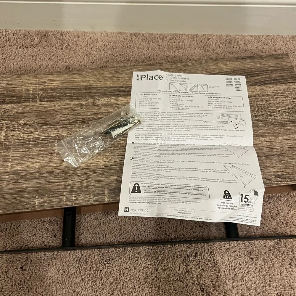 New in box rustic wood floating shelf 24 x 20x 2 hidden bracket rustic wood